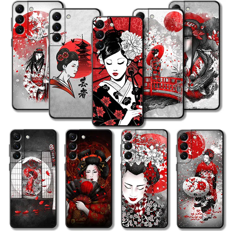 일본 여성 사무라이 마스크 매화 꽃 케이스, 삼성 갤럭시 S24 S23 S22 S21 S20 FE 울트라 S10 플러스 노트 20 울트라 10 플러스 