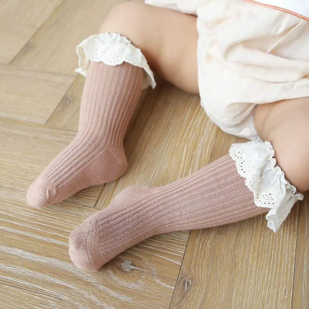 5Pairs Ruffled Edge Baby Calf Socks Baby Lace Trim Long Tube Infant Cotton Stockings Cotton Toddle Cartoon Above Knee Socks