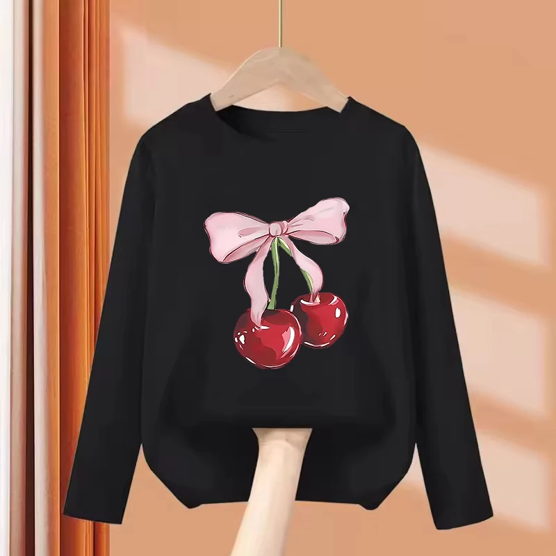 Langarm 2026 Mädchen Y2K Schleife mit Kirsche Mode T-Shirts Kinder T-Shirt Mädchen Sommer Frühling Freizeit Oberteil Tee