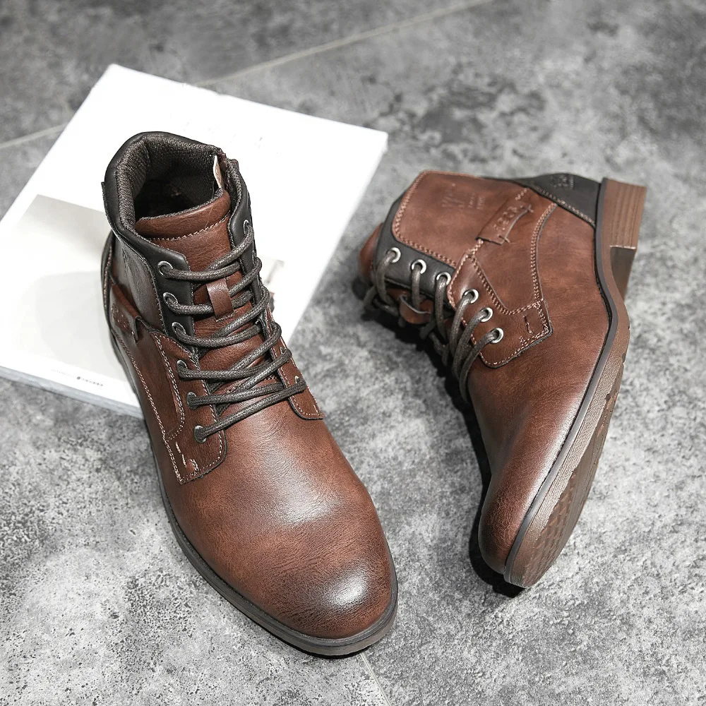 Fashion Retro Ankle Leather Men Boots High-Top Side Zipper Tooling Black Brown Boots Classic Outdoor Non-slip Autumn Shoes