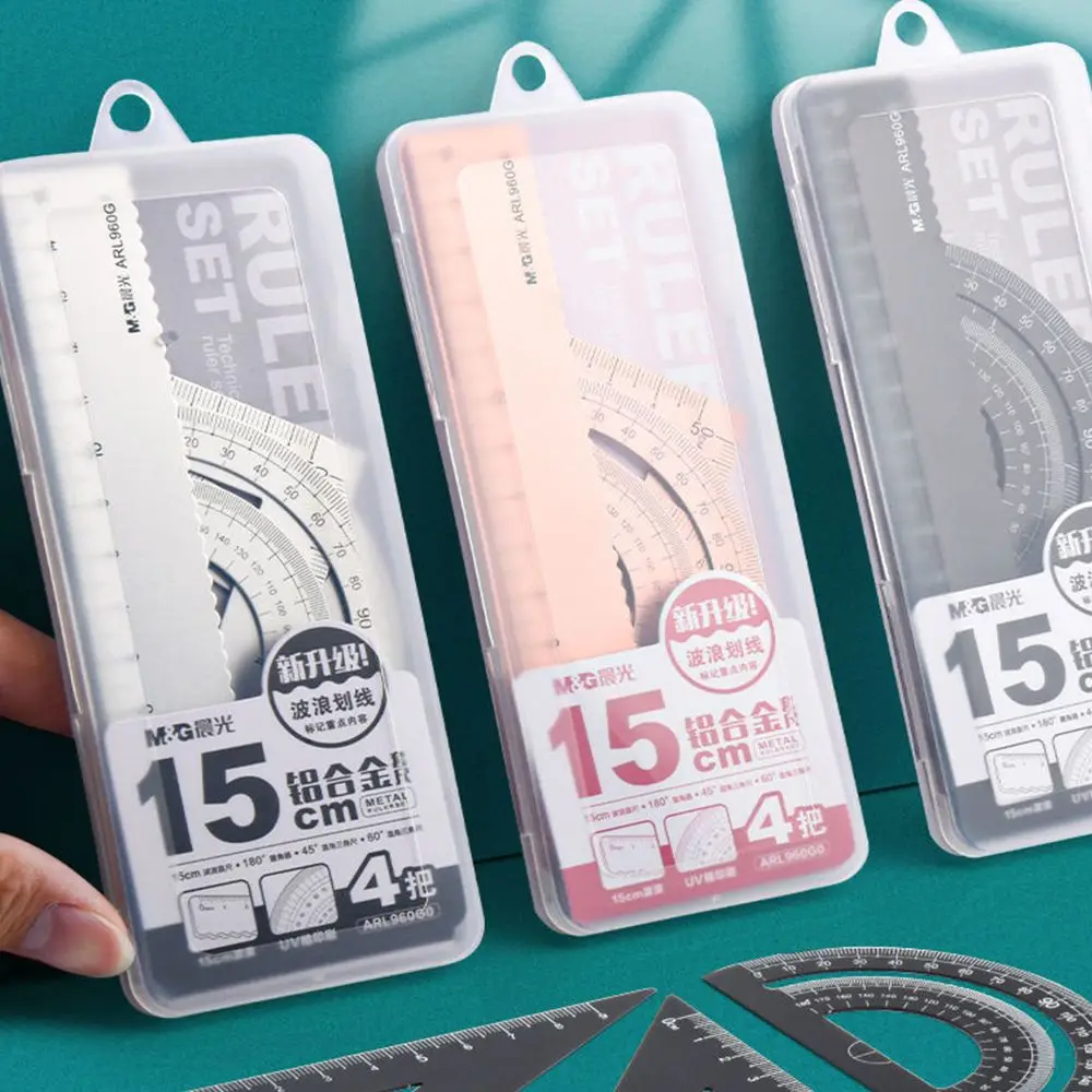 4Pcs/Set M&G Aluminium Ruler Set Metal/Plastic/Soft Geometry Maths Drawing Compass Stationery Rulers Mathematical for School