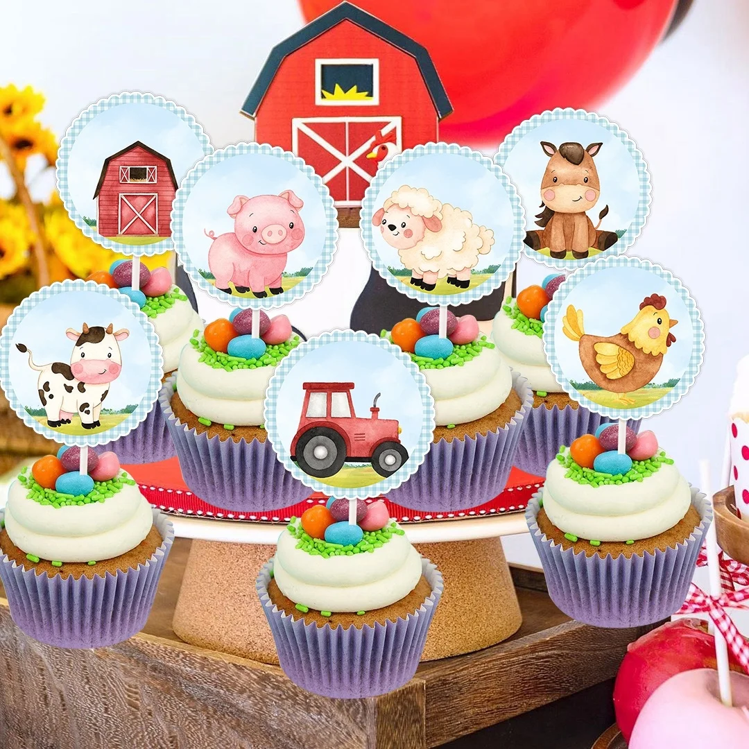 Rosa Bauernhof-Tier Kuchendekoration – Kuchen-Topper Set Mit Kuh, Schwein & Mehr, Doppelseitig, Für Baby-Shower & Geburtstag