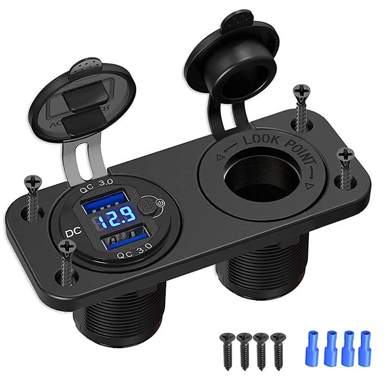 

2 в 1 алюминиевое двойное быстрое зарядное устройство QC3.0 со стандартным вольтметром, выключатель питания, панель прикуривателя для лодки, домов на колесах, гольф-карт