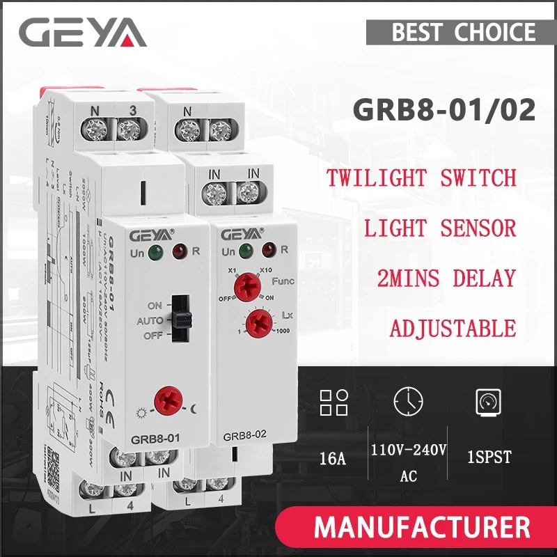 GEYA GRB8 Din rail crépuscule interrupteur photoélectrique minuterie capteur de lumière relais AC110V-240V Auto ON OFF