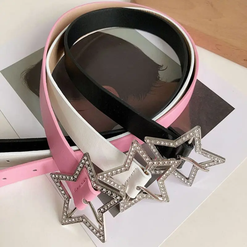 

Pink Leather Elastic Rhinestone Star Buckle Belt Y2K Binding Embellished Waistband Pentagram Retro Belt Decoration Accessories