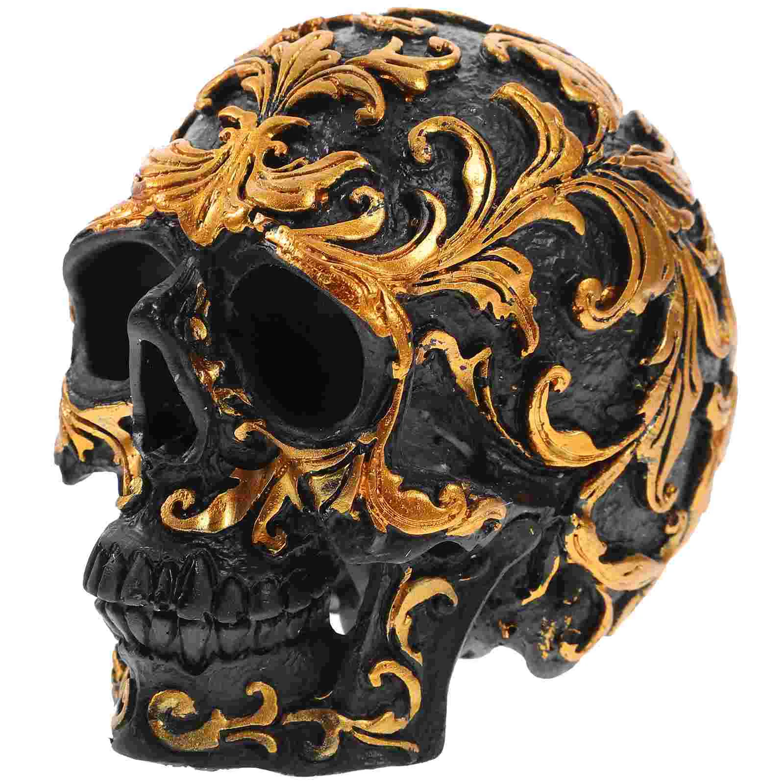 

Resin Craft Black Skull Head Golden Carving Creative Decoration Skull Sculpture Ornament Home Halloween Decoration (Golden)