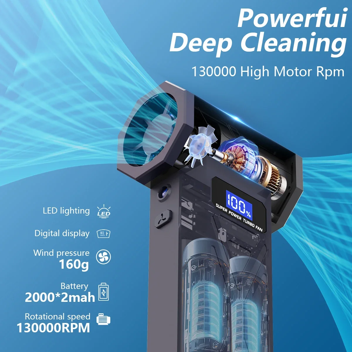 Cordless Turbo Blower with LED Light and Battery Display