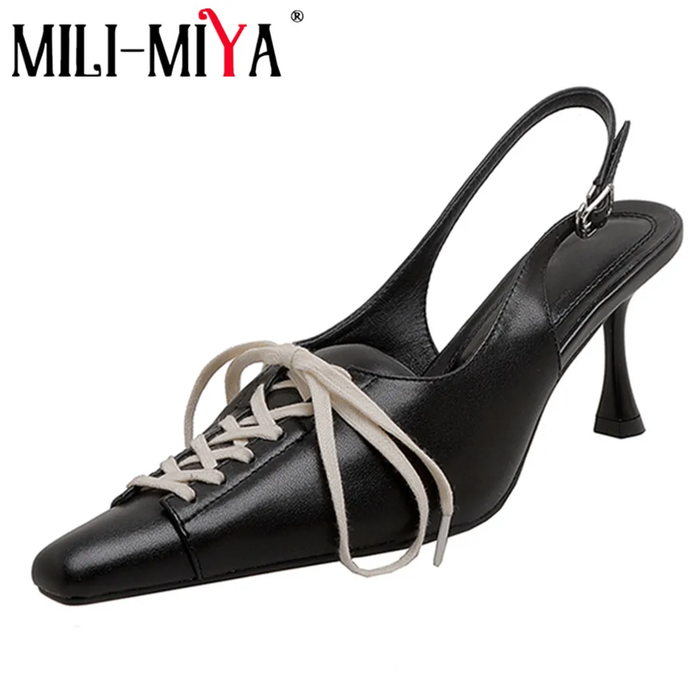 

MILI-MIYA Fashion Brand Design Women Cow Leather Pumps Slingback Pointed Toe Buckle Strap Thin Heels Slip On Dress Party Shoes