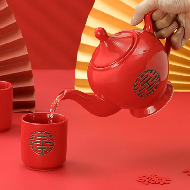 Chinese Wedding Teapot Set, Red Tea Pot, Cup Bowl, Ceramic Teaware, Exquisite Bride Souvenir Gift, Dowry, Marriage Celebration