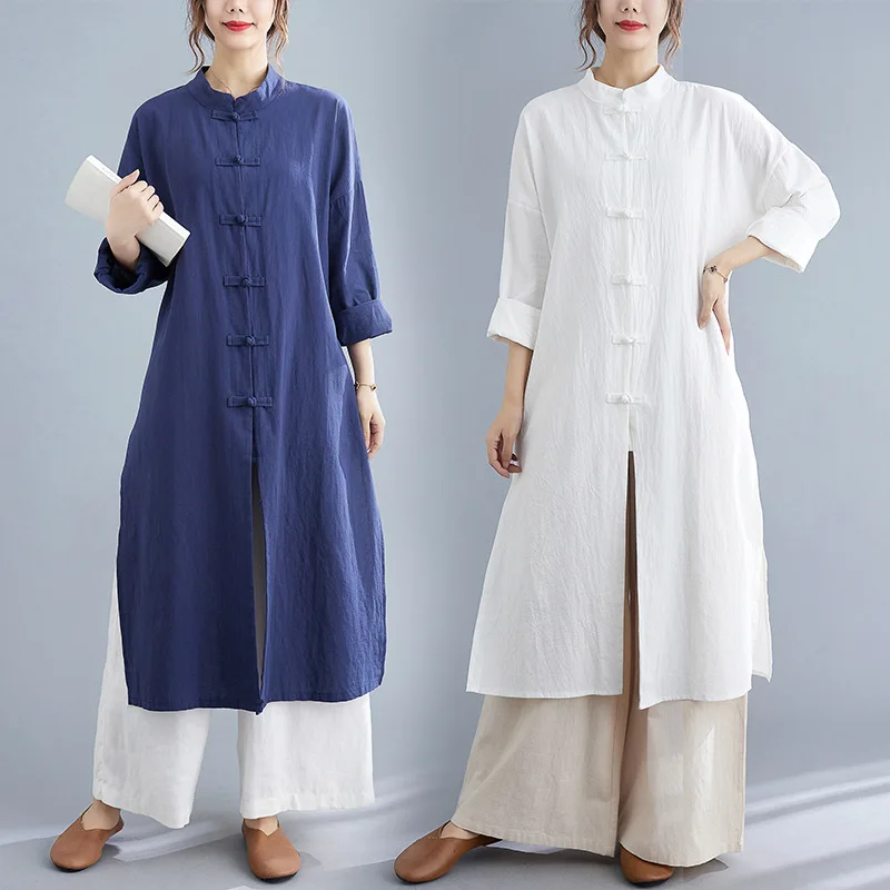 

Women Linen Jacket Long Robe Chinese Traditional Retro Kungfu Wushu Tai Chi Uniform Teaism Wear Casual Loose Outfits Gown Hanfu