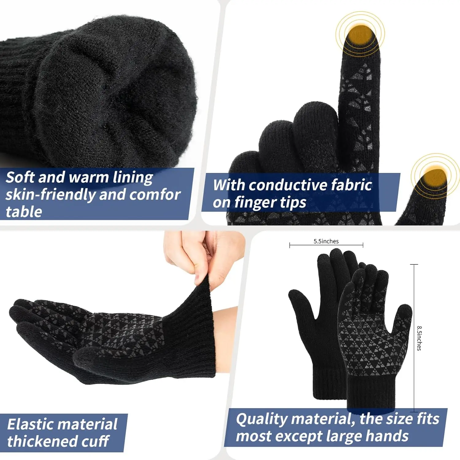 Winter gloves, men's gloves black heated non-slip touch screen with hot soft knit for running, driving and hiking 6