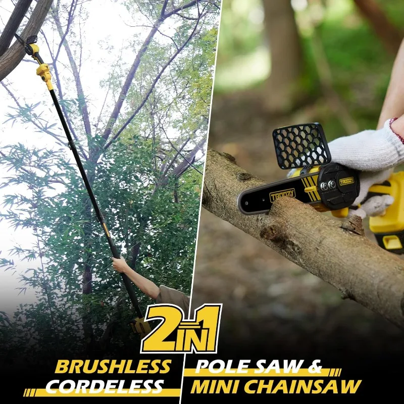 Cordless Pole Saw Mini Chainsaw 2-IN-1 21V 3Ah Battery Powered 6 Inch Brushless Electric Rotatable Pole Saw 15-Foot Max Reach