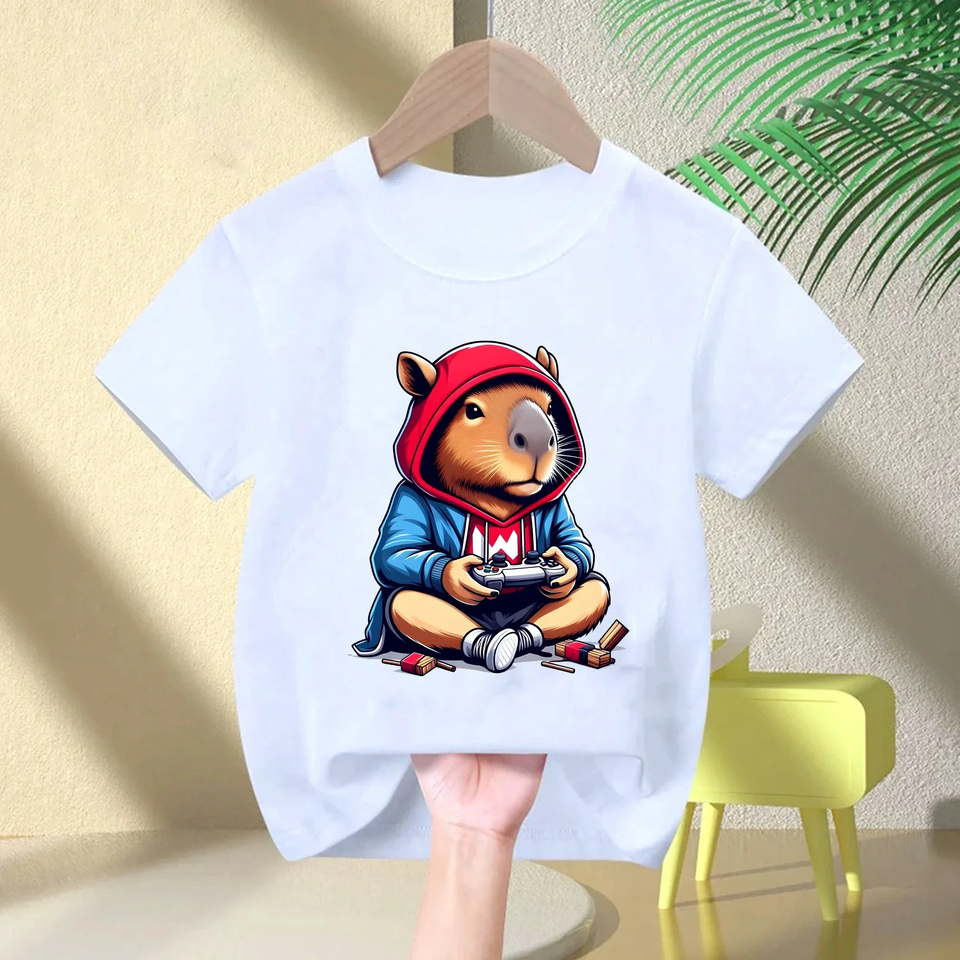 Cute Capybara Loves Bubble Tea Print Kids T-Shirt Summer Children's Cartoon Short-sleeved Casual Tops Boys and Girls Clothing