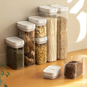 Barattolo di plastica trasparente per uso alimentare, guarnizione ermetica per snack da cucina, cereali, fagioli, organizer per la conservazione della cucina 1