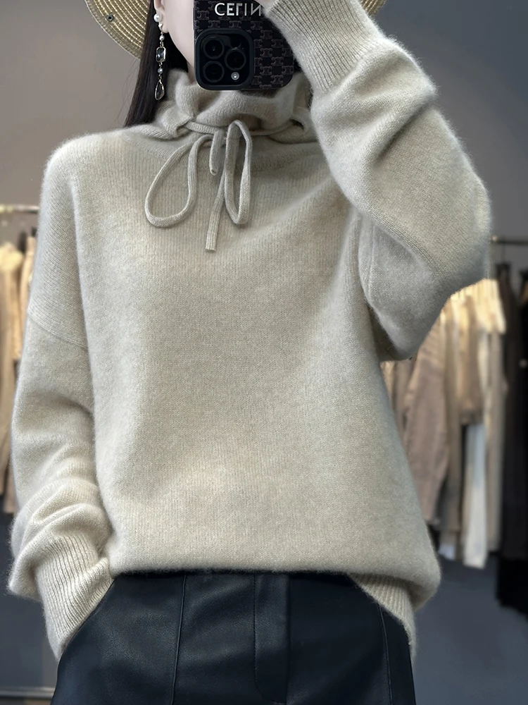 

Women's Sweater Autumn and Winter 100% Pure Wool High Collar Pullover Casual Loose Knitted Lace up Top Fashion Korean