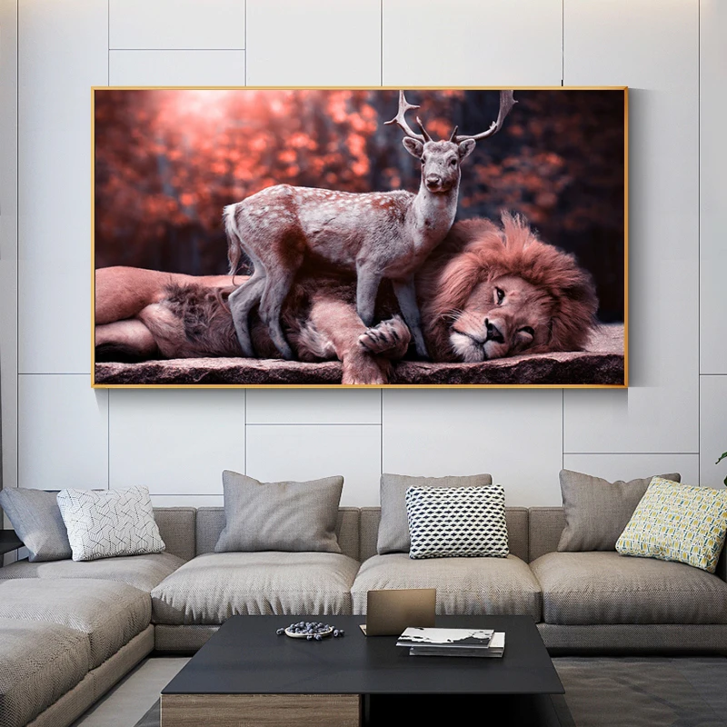 

Docile Lion and Deer on the Canvas Painting Modern Animals Posters Prints Wall Art Pictures for Living Room Decoration Cuadros