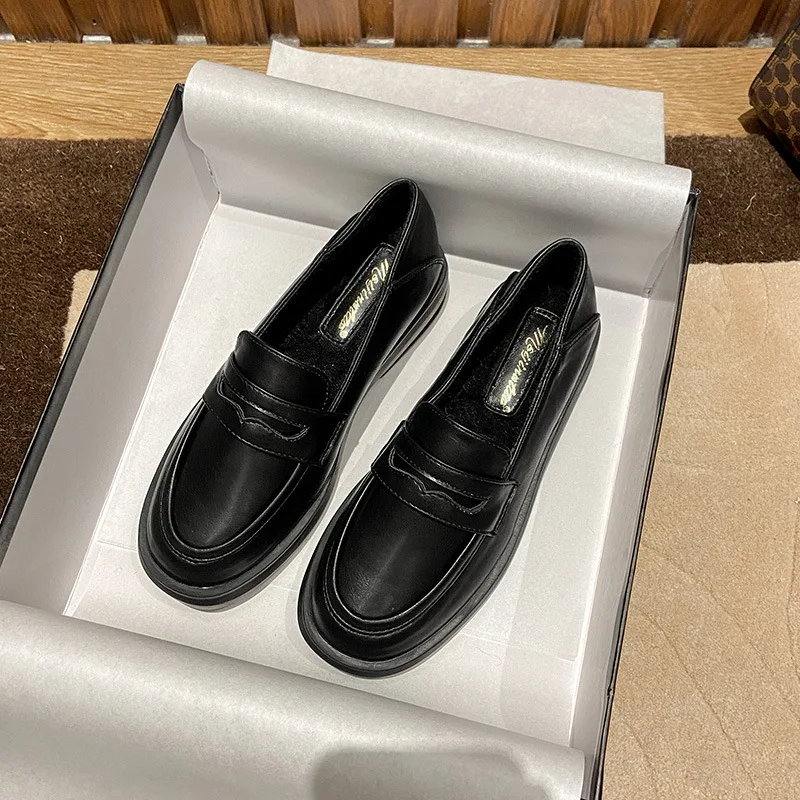 2022 Fashion Women Flat Loafers Shoes Chunky Thick Platform Black Shoes Round Toe Spring Autumn Ladies Feetwear Single Shoes