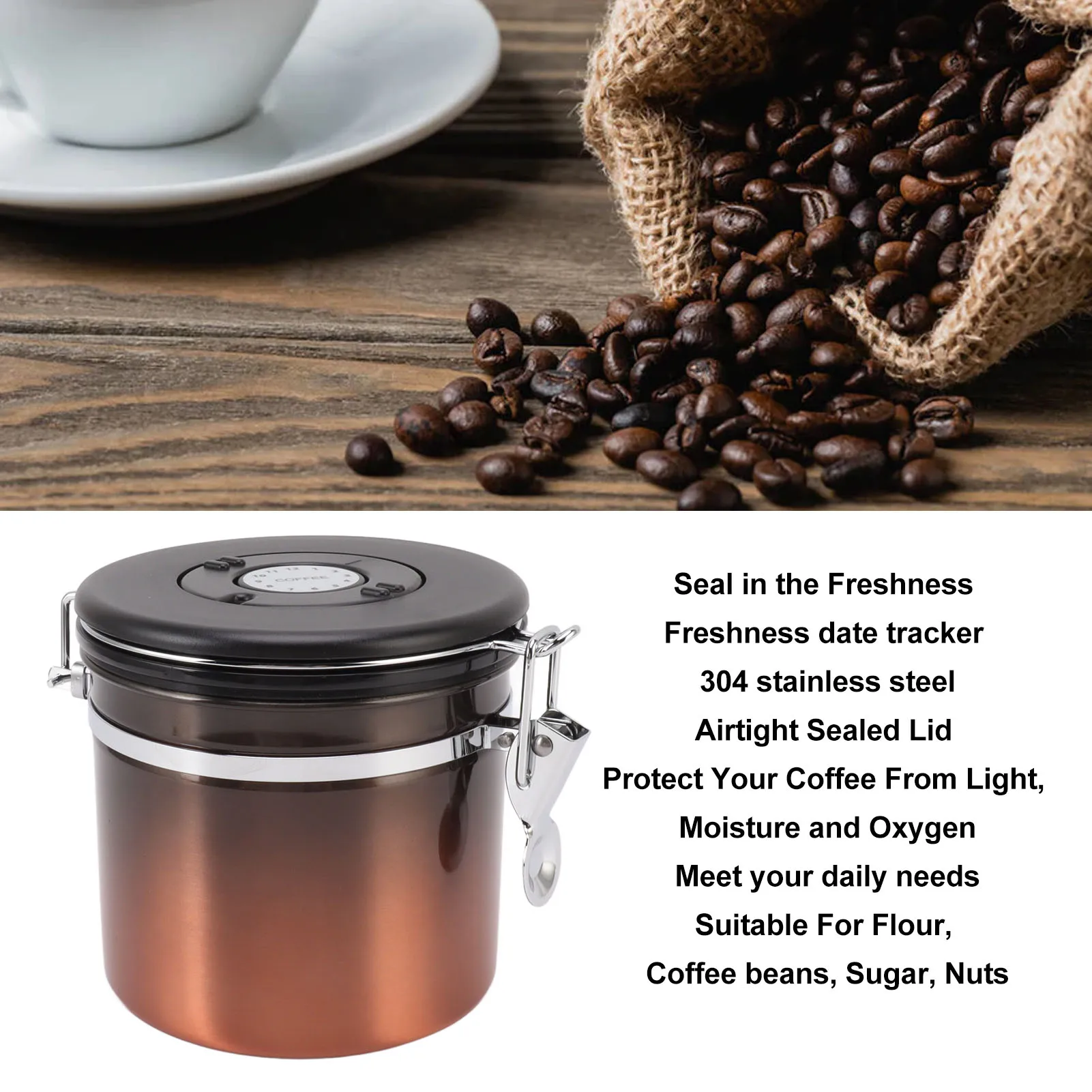 Coffee Canister, Airtight Stainless Steel Kitchen Food Storage Container  With Date And Scoop For Grounds Coffee,beans, Tea, Flour, Cereal,  Sugar(1.5l)