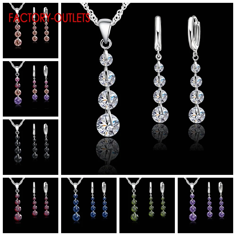 Bridal Jewelry Sets 925 Sterling Silver Pendant Necklaces Hoop Earrings Set Fashion Jewelry Round CZ Crystal Women Girls Engagement Anniversary