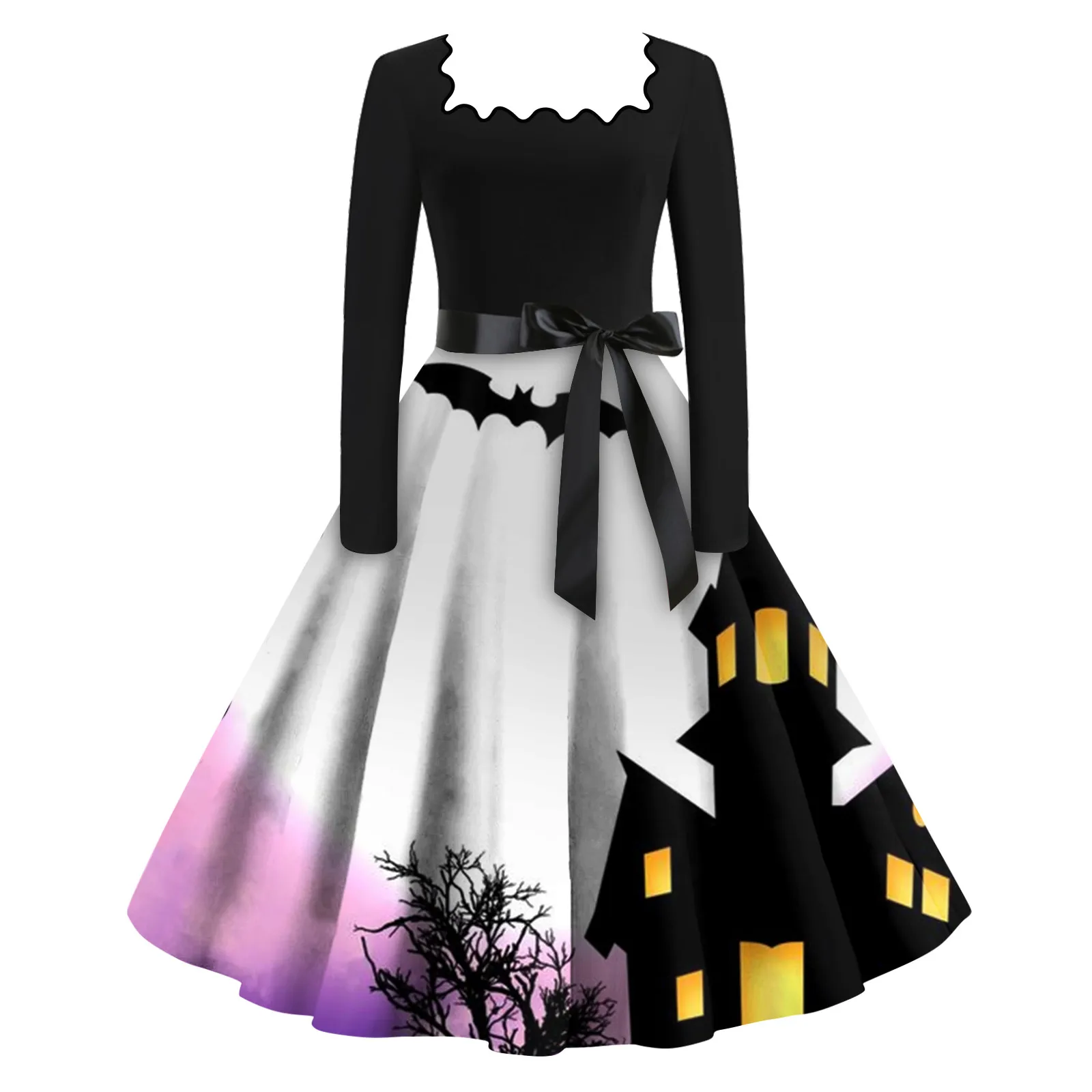 

Women Halloween Dress Autumn Winter Vintage Printed Square Neck Halloween Long Sleeve Swing Party Festival Sundress Hem Dress