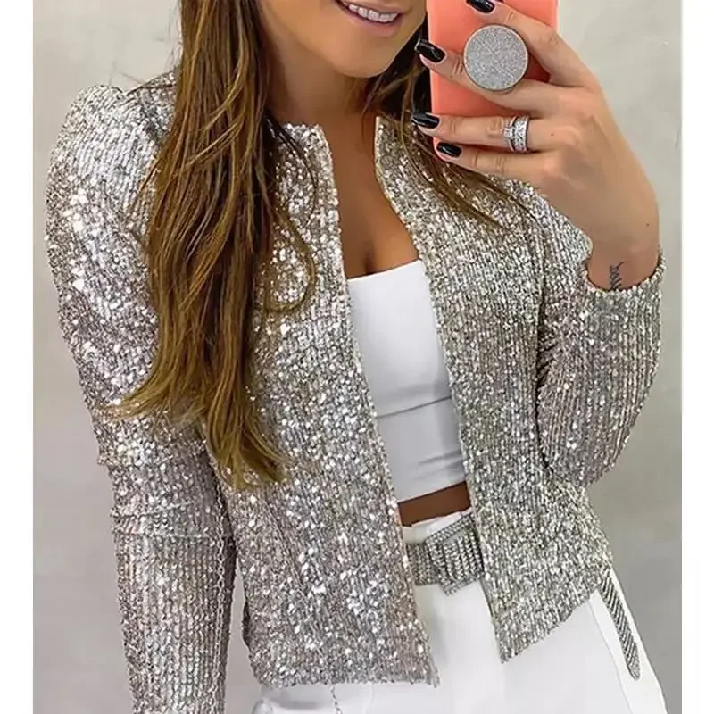 2024 New Women's Fashion Round Neck Solid Color Sequin Short Jacket Leisure and Elegant Versatile Small Jacket for Girls