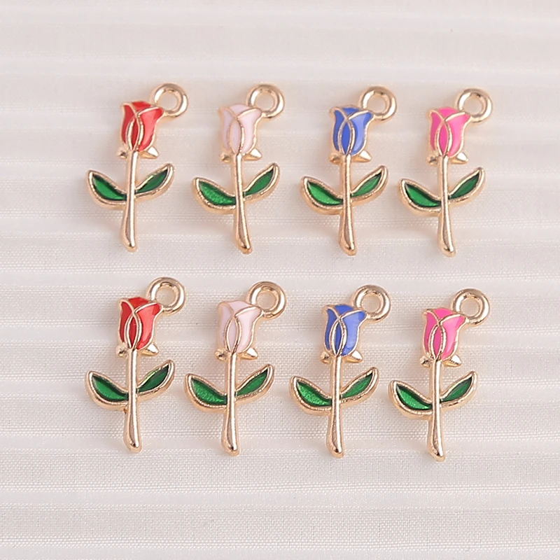 10 Stück 10 x 18 mm niedliche Emaille-Rosen-Blumen-Charms-Anhänger für Schmuckherstellung, Halsketten, Ohrringe, Armbänder, DIY-Bastelzubehör