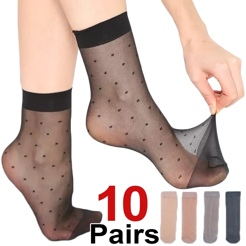 Schwarzer Punkt Transparent Ultradünne Elastische Frauen Kristall Seide Nylon Mode Damen Sommer Kurze Söckchen_voghion.com