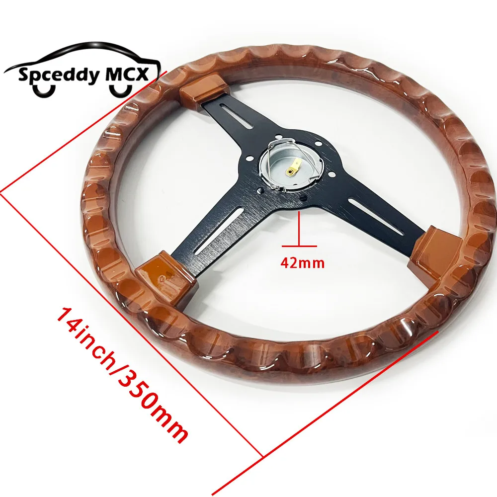 JDM ABS 우드 룩 자동차 스티어링 휠 플랫 콘 우드 필름 수정 스포츠 스티어링 휠, 단추 포함, 범용 14 인치, 350mm