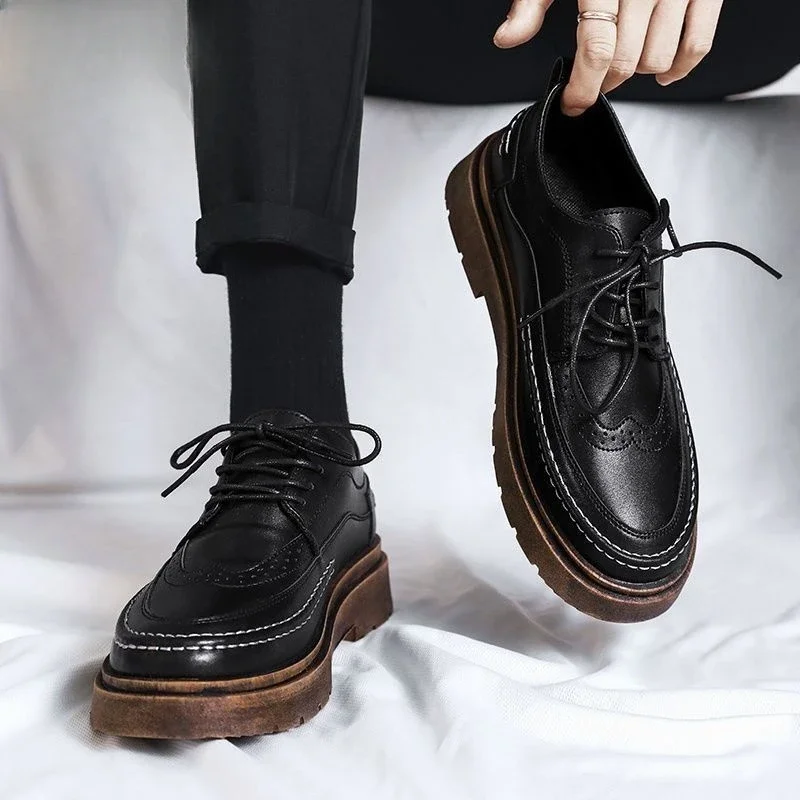 Man Casual Shoe Round Toe Leather Shoes For Men Brogue Luxury Sale Adults Fashion Elegant Cheap Clearance Korean Style Pu