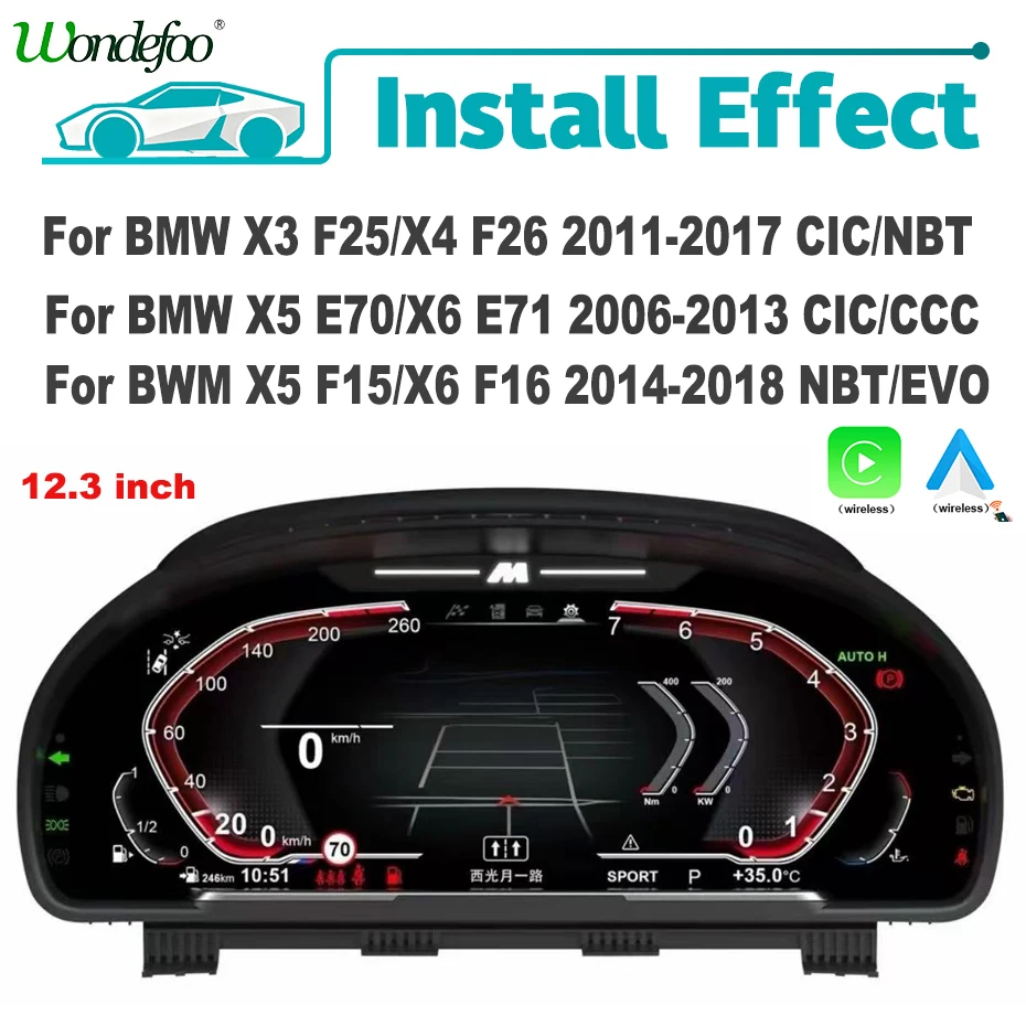 Pantalla Digital Inalámbrica Carplay Android Auto de 12.3'' para BMW X3 F25 X4 F26 X5 E70 F15 X6 E71 F16 CIC CCC NBT EVO, Panel LCD, Velocímetro, Instrumento Virtual, Bluetooth 1