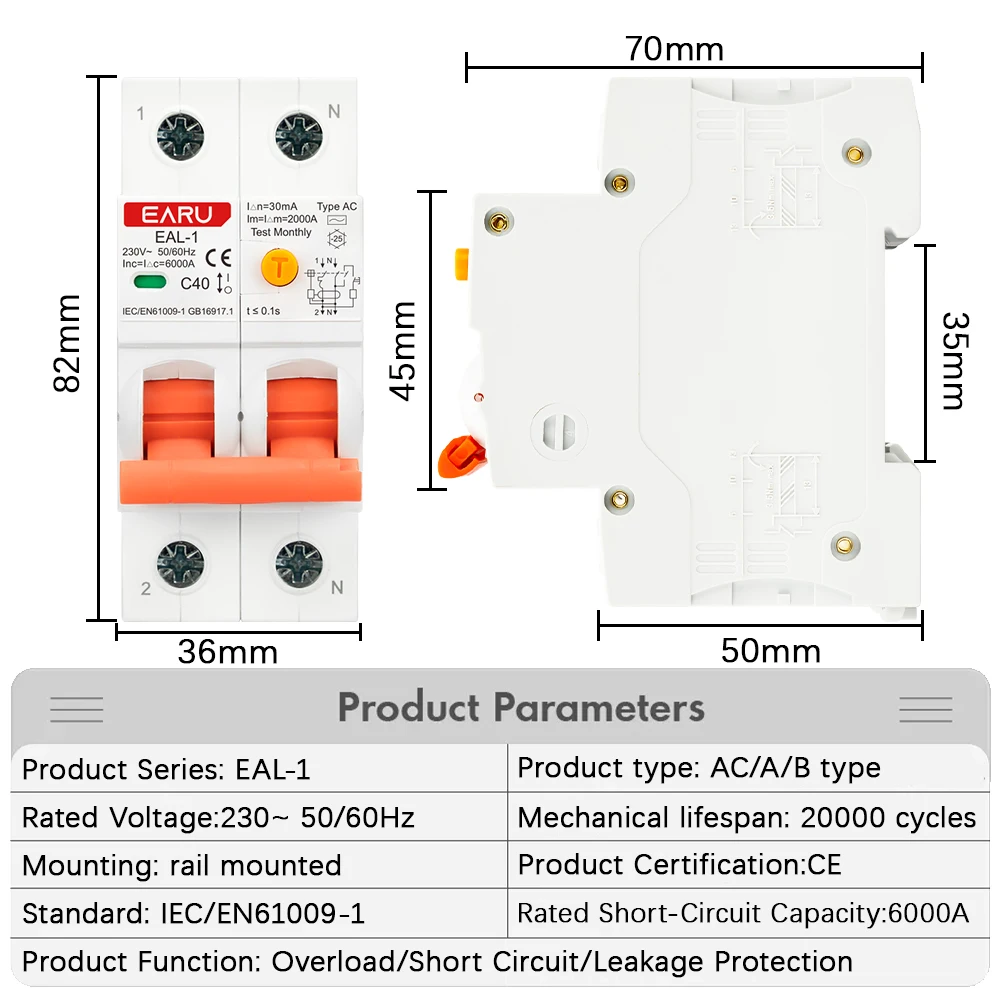2P 30mA AC A B Type RCBO RCCB MCB Electronic Residual Current Circuit Breaker Ov