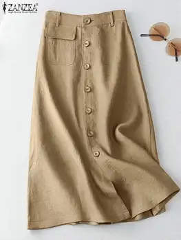 ZANZEA Elegant Cotton Midi Skirts Casual Button Up A-line Skirt Women High Waist Jupe 2024 Summer Solid Temperament Falda Mujer 1