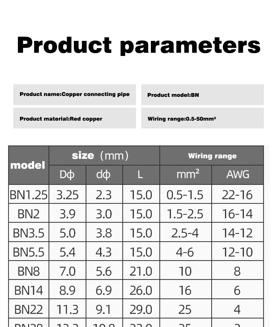 Kupfer-Verbindungsrohr Drahtverbinder Kleines Kupferrohr BN2/3.5 Draht Mittelklemme Elektrisches Kabel Crimpanschluss Kupfer Verzinkt – Detail 6