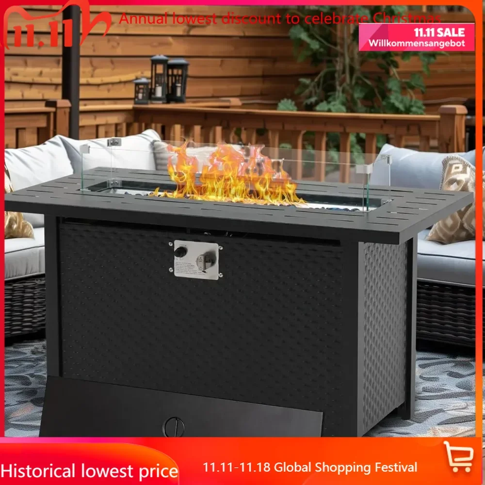 Propane Fire Pit Table 45 Inch 50,000 BTU Square Outdoor Gas Firepit with Steel Tabletop Glass Wind Guard Blue Glass