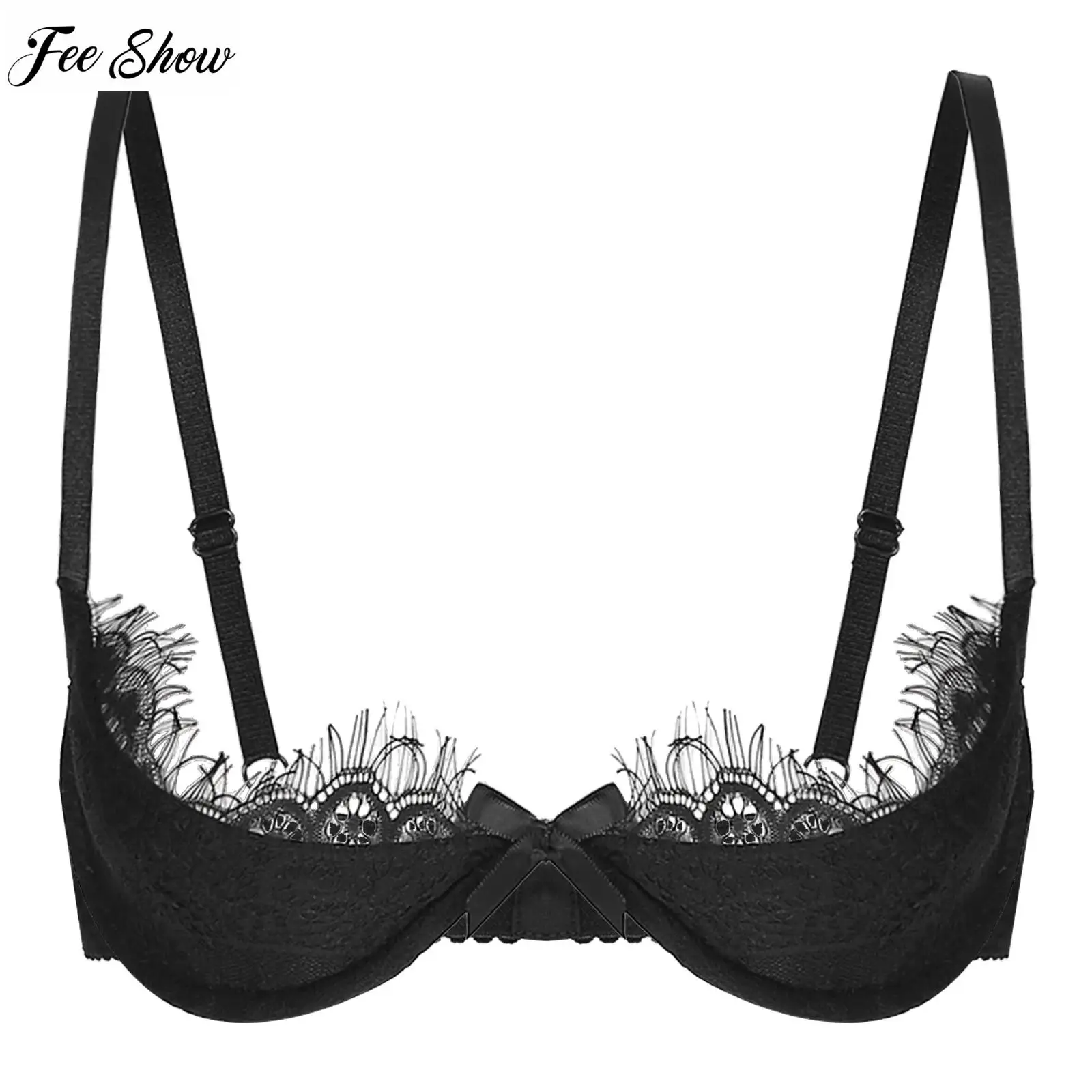 

Womens Lace Sheer 1/2 Cup Underwired Bra Tops Adjustable Spaghetti Straps Brassiere Lingerie Underwear