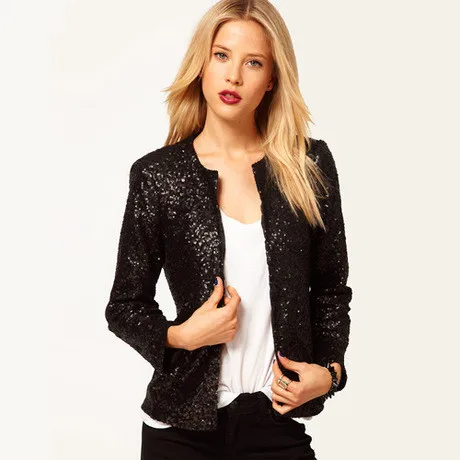New Sequined Long-sleeved Coat with Concealed Button Round Neck Small Suit
