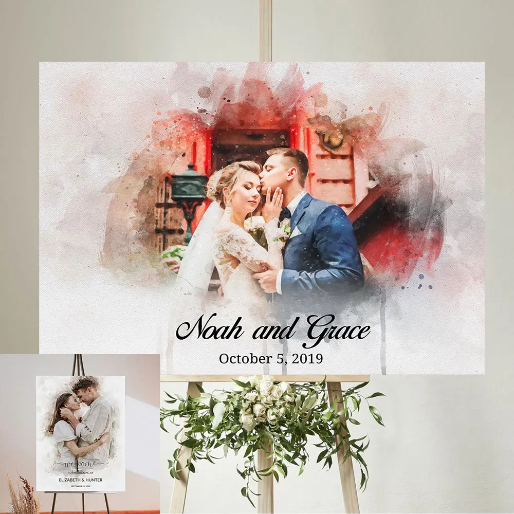 Watercolor Couple Portrait Poster Wedding Welcome Sign Art Print Canvas Painting Wall Picture Welcoming Guests Decor