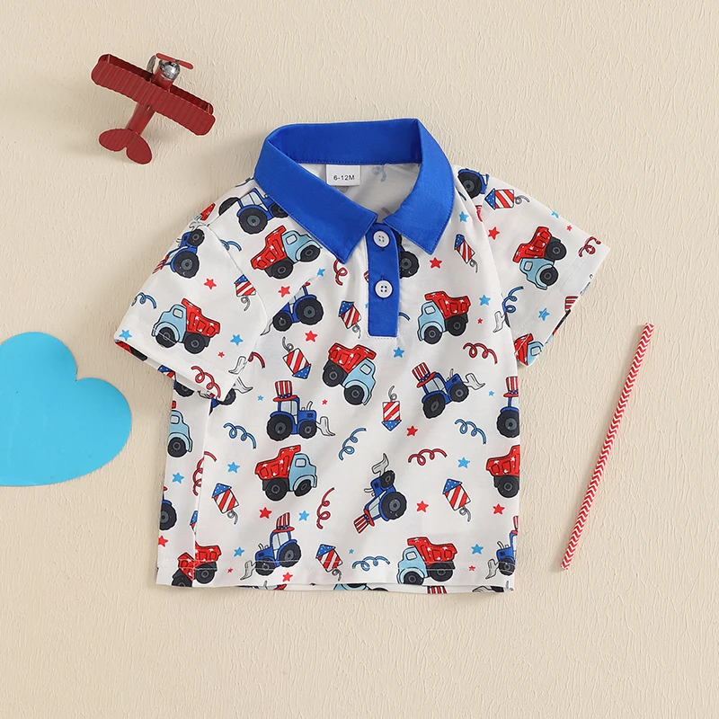 Toddler Boy 4th of July Shirts Truck Star Print Half Button-up Lapel Neck Short Sleeve Tops Casual Summer Clothes