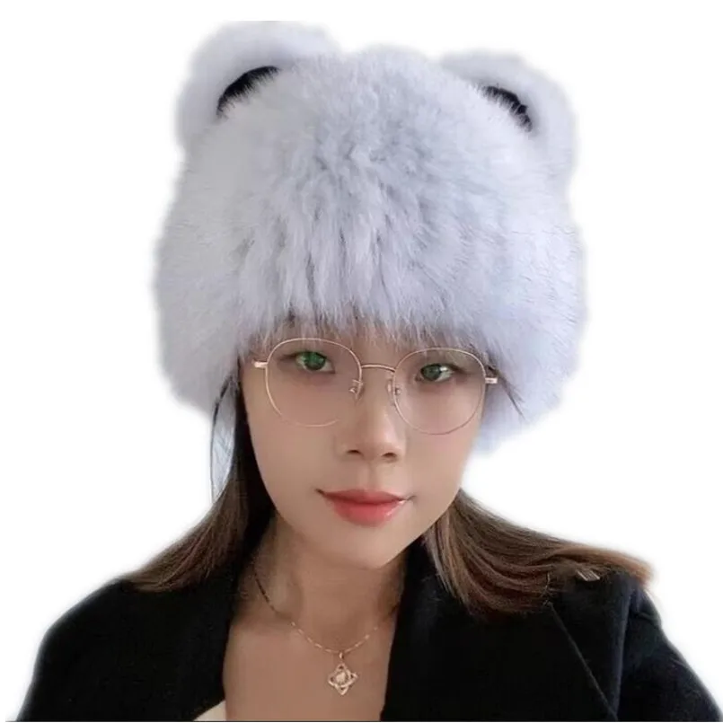 new-2023-brand-women-natural-fox-fur-hat-winter-fluffy-beanies-caps-handmade-knitted-bear-bomber-hat