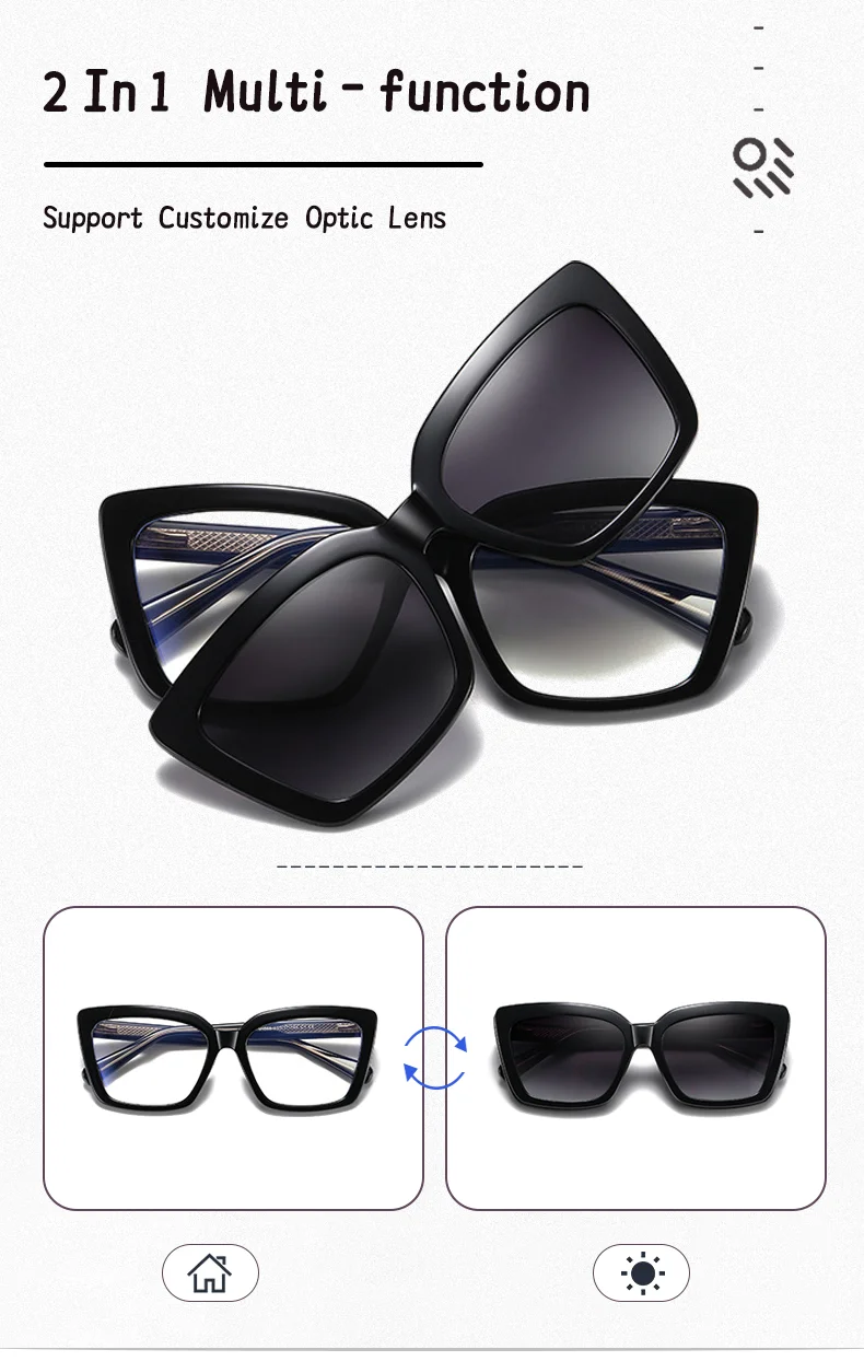 2025 Trend Brillengestell Frau 2-in-1 Damen-Sonnenbrille Luxus Designer Cat Eye Brille Damen Magnet Clip On Brille Zero – Detail 3