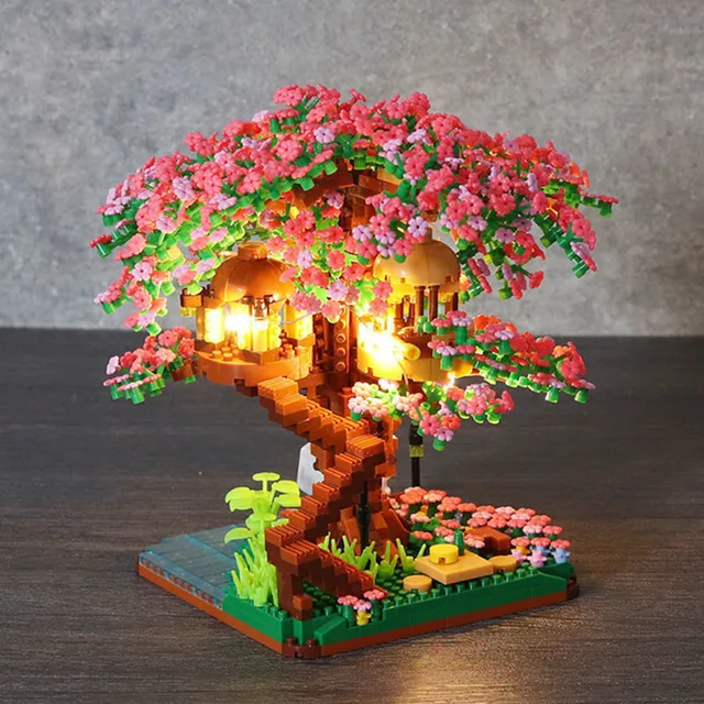 Sakura Flower Treehouse DIY Model Micro Building Block Indoor Decorations Creative Street View Brick Cherry Blossom Kid Toy Gift - pink light