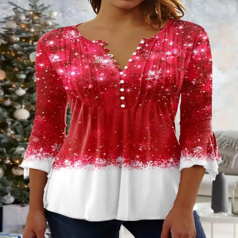 

Plus Size Women's Christmas 3/4 Sleeve V-Neck Graphic Printed Top