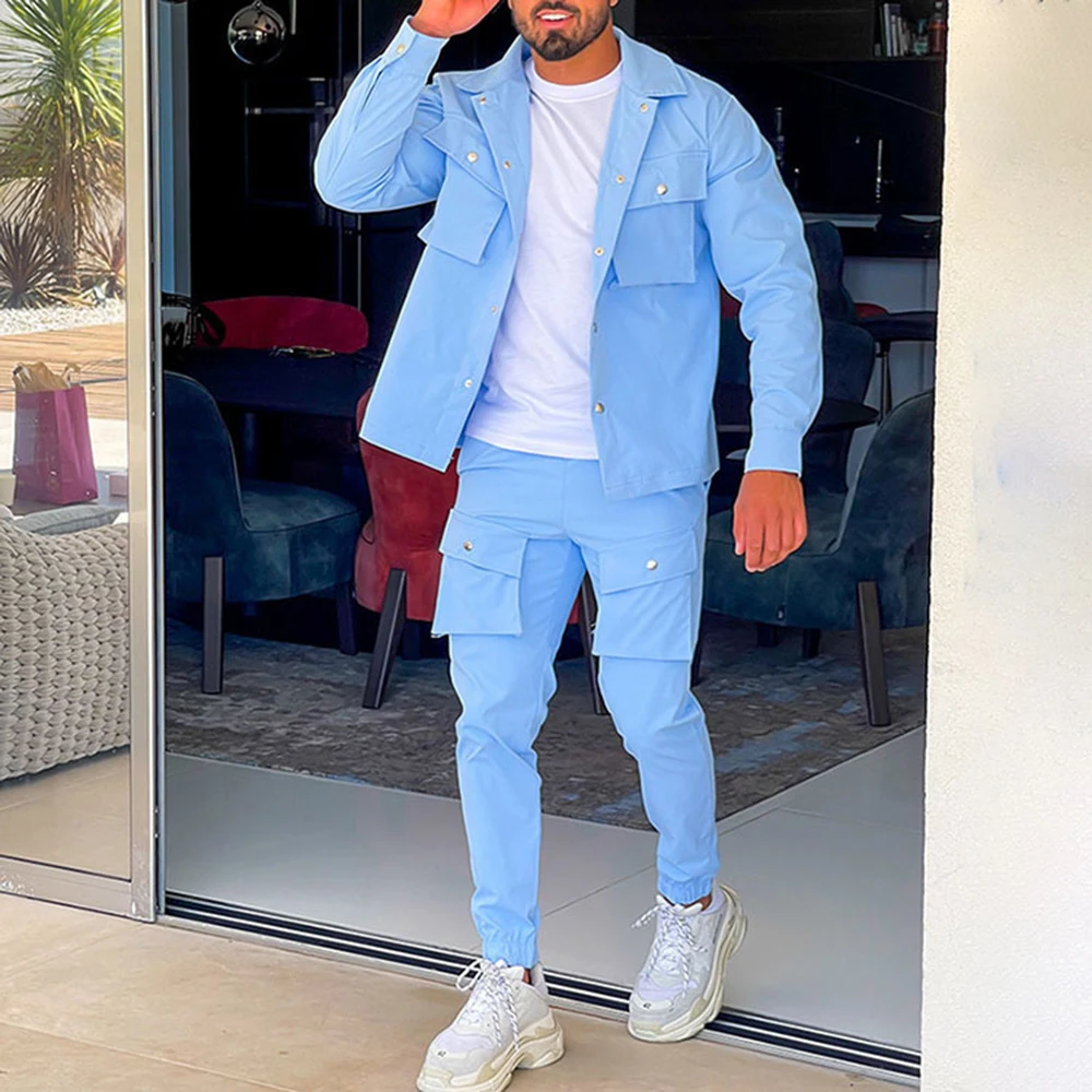 Fashionable New Spring and Autumn Men's Button Long Sleeved Jacket+Workwear Long Pants Set, Casual Jogging, Party Two-piece Set 5
