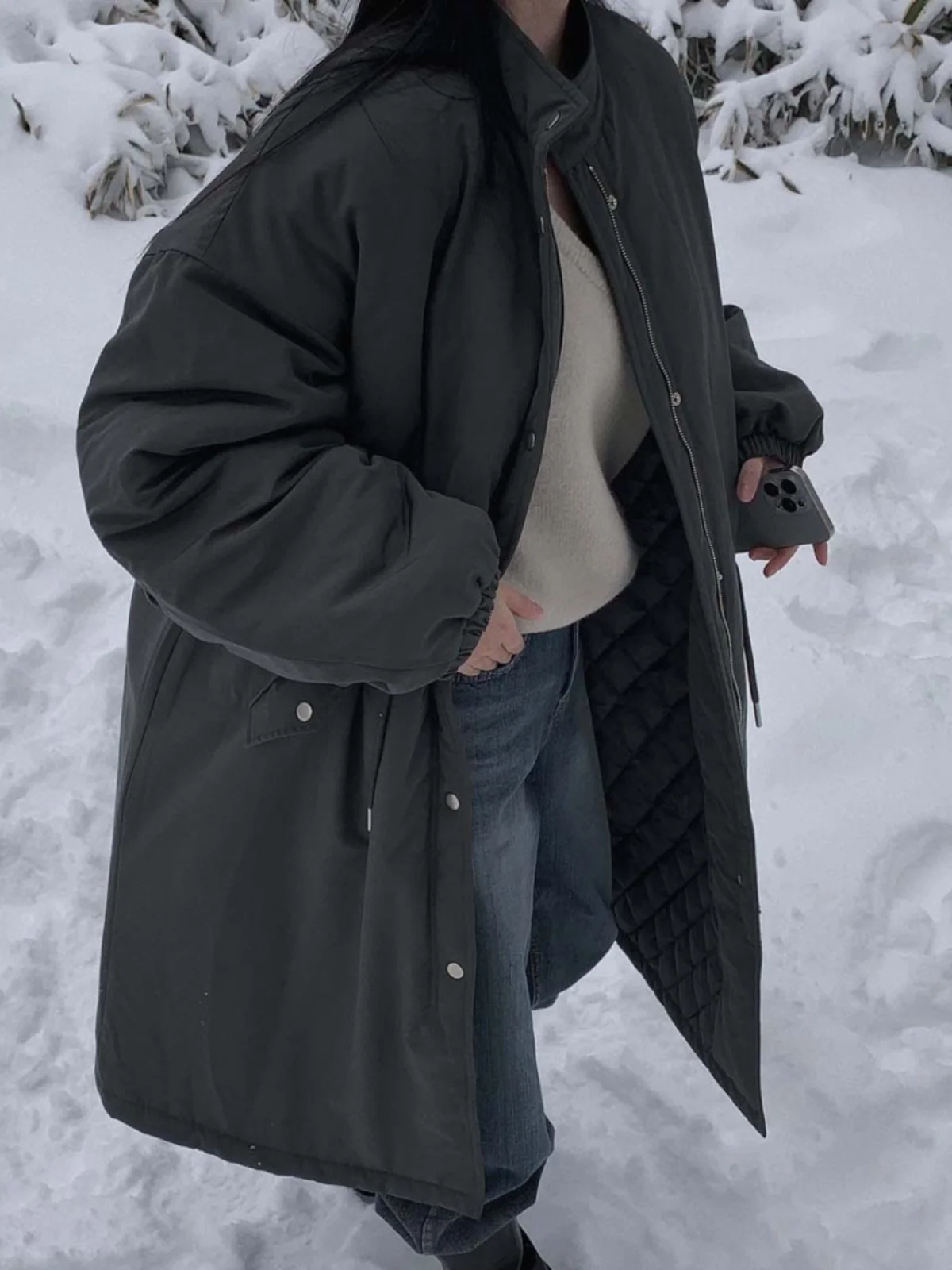 Chic Winter Women's Long Cotton Jaet Coat Dstring Warm Outerwear Loose Fitting Parka Korean Sle Commute Faion