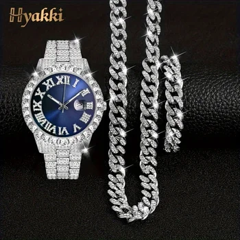 Fashion Silver Blue Watch Set Gift Box Men's Ice 1