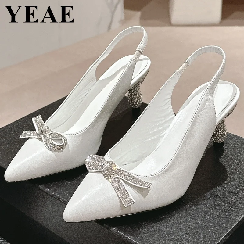 

New Designer Crystal Bowtie Pumps Women Sexy Pointed Toe Rhinestone High Heels Wedding Banquet Dress Mule Ladies Slingback Shoes