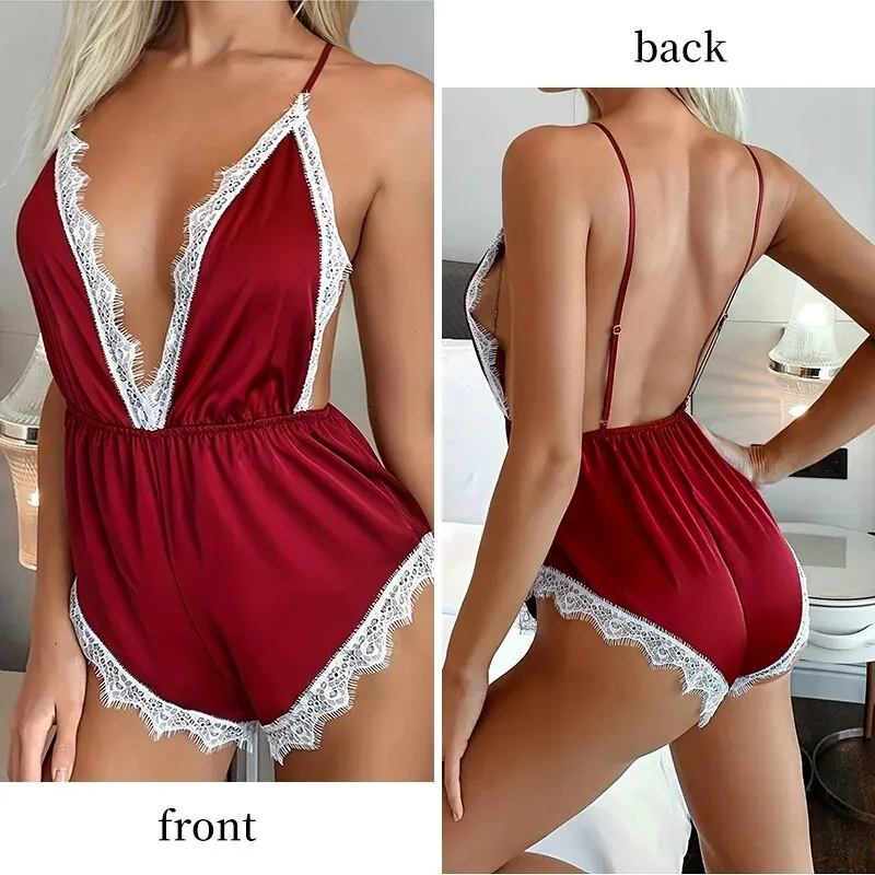 Women Jumpsuit Fashionable Red Suspender Sleeveless Satin Sexy Lace Patchwork Backless