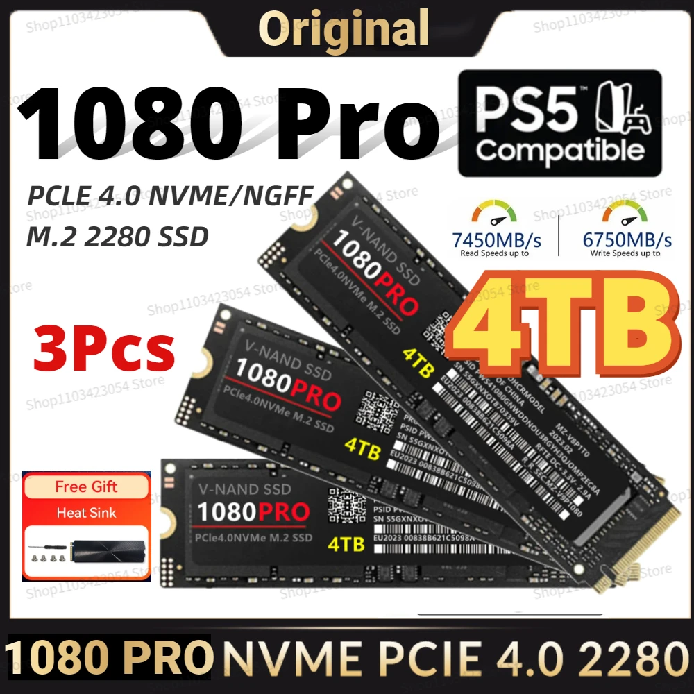 

3/2/1PCS 1080PRO 4TB SSD Original Brand SSD M2 2280 PCIe 4.0 NVME Read 14000MB/S Solid State Hard Disk For Desktop/PC/PS5 Game
