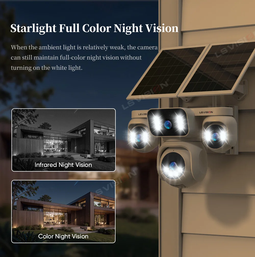 LS VISION 20MP 12X Optical Zoom Four Screens AOV 4G Solar Camera Outdoor 4-Lens 24/7 Video Recording Auto Tracking CCTV Cameras