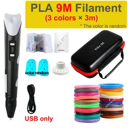 Creative 3D Printing Pen for Kids - DIY Drawing Set with PLA Filament and Travel Case, Perfect Birthday or Christmas Gift (USB add 9M PLA)